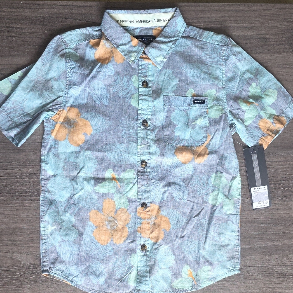 O'Neill Blue, Orange & Green Button Down Tropical Shirt